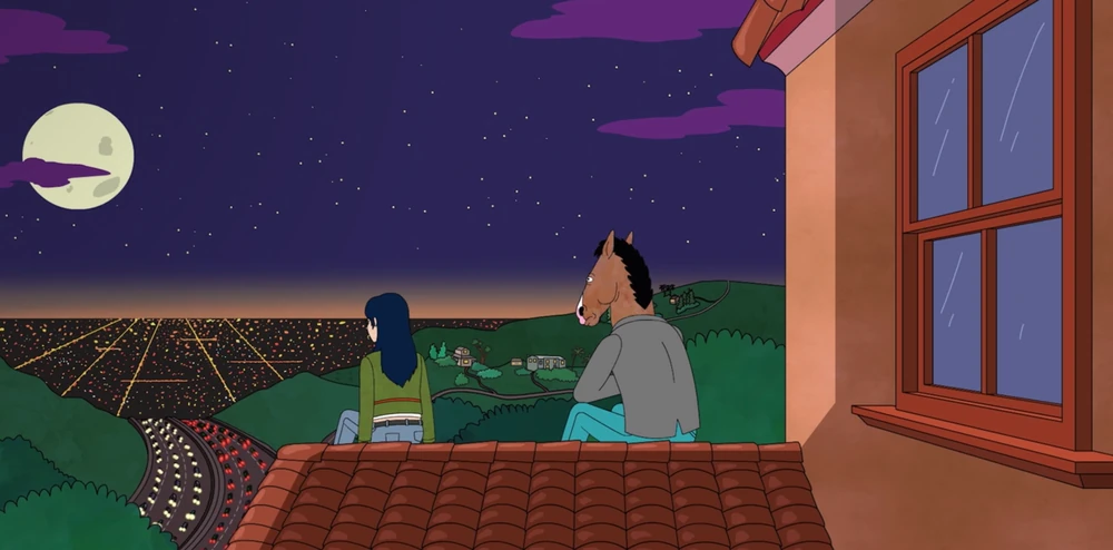 Bojack Horseman and Diane sitting on a roof looking over Hollywoo