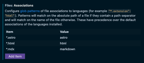 VSCode settings page, filtered to the Files: Associations section where it lists .mdx files as markdown