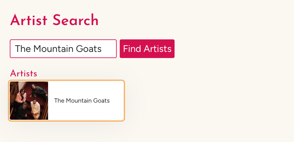 An example search result for artist The Mountain Goats