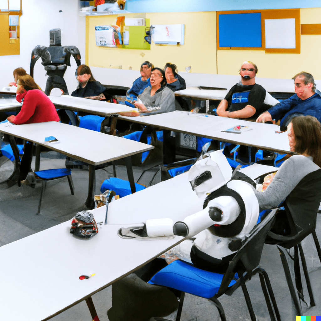 Dall-E 2 prompt: People and robots learning in a classroom together