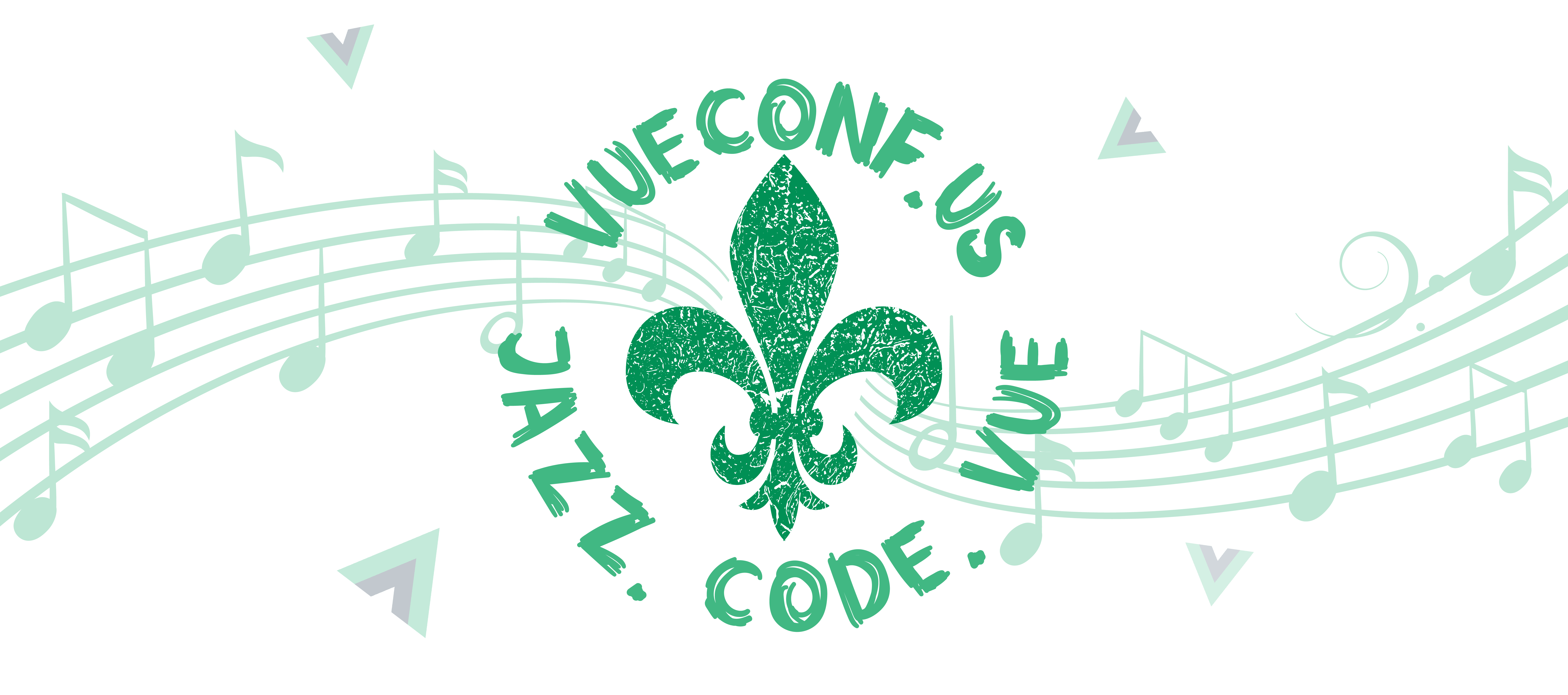 Green fleur de lys symbol with text that reads vueconf.us - Jazz. Code. Vue.