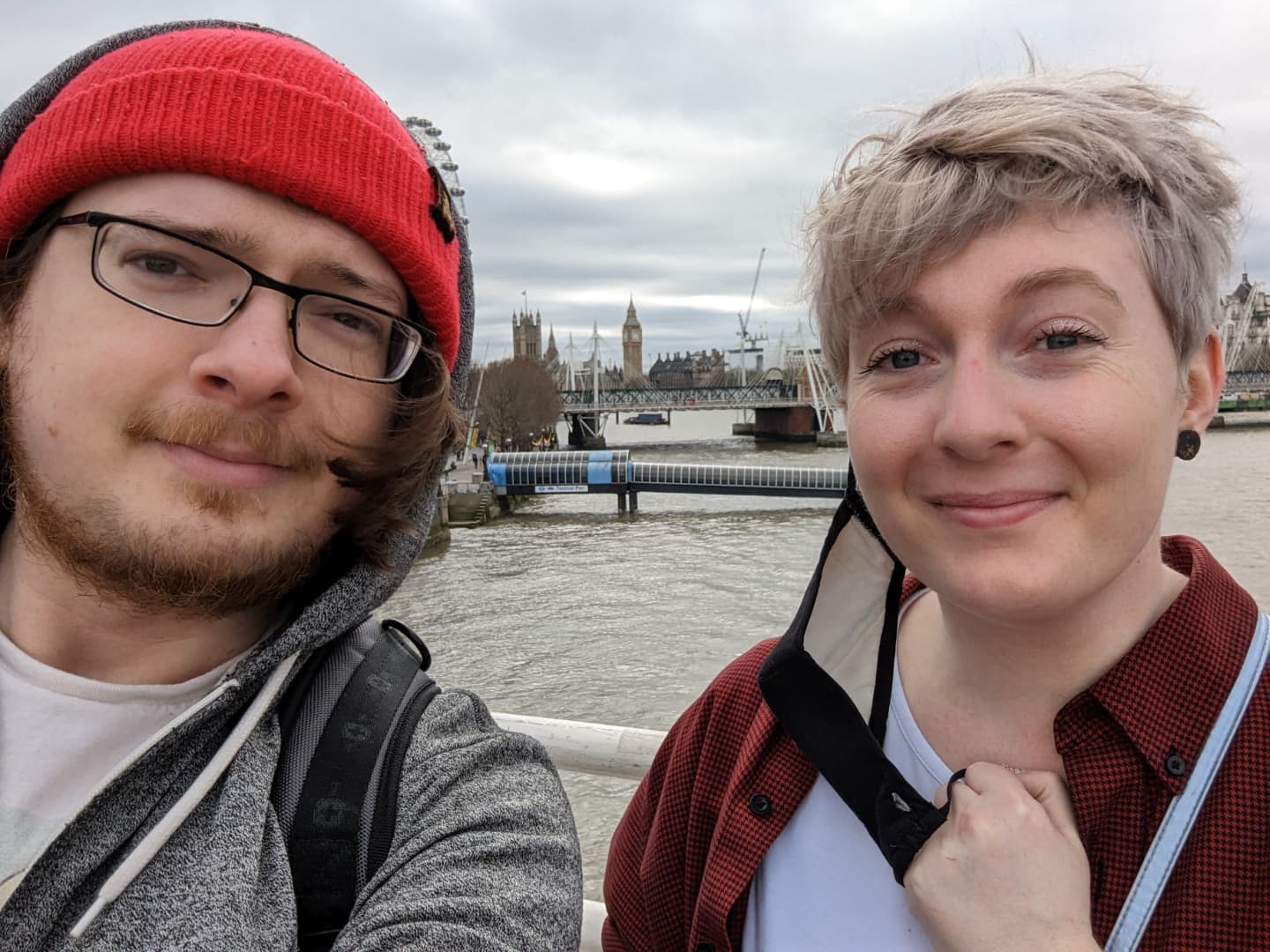 Selfie with my wife on the Waterloo bridge, Big Ben in the background